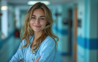 Fototapeta premium A smiling female doctor poses confidently in a hospital corridor, showcasing her professionalism and warmth in a caring healthcare environment