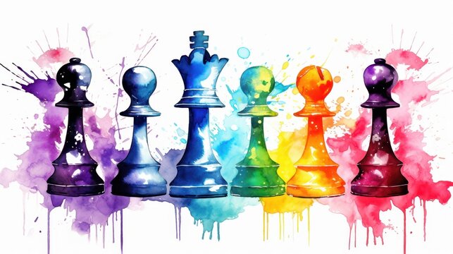 Vibrant watercolor chess pieces on reflective surface with colorful splashes and abstract background.