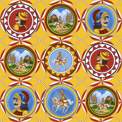 Hand draw seamless  pattern with Sicily ornament, Italy motives, colored fruit and portrait, carreto style, majolica aesthetic