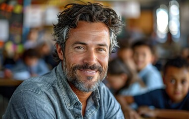 Fototapeta premium A male teacher smiles warmly while interacting with his students in a lively elementary classroom filled with learning activities