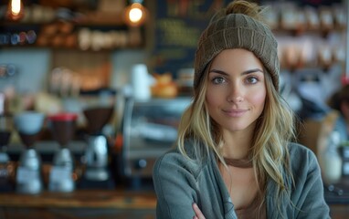 A confident female coffee shop owner stands at her bustling cafe, showcasing her pride and passion for the business amid morning activity