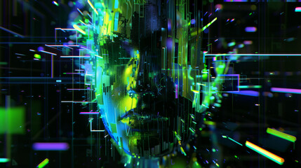 Fototapeta premium Abstract 3D holographic element with a holographic glitch effect and neon highlights on a black background