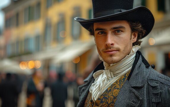 A stylish man from the Regency era walks confidently down the street, dressed in a top hat and elegant vest, amidst a bustling, historic setting