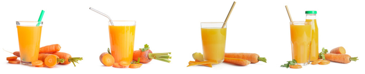 Set of fresh carrot juice isolated on white