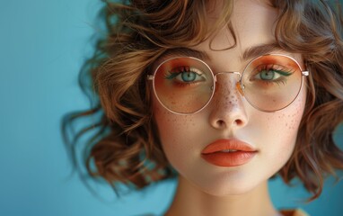 Fototapeta premium A stylish woman showcases retro sunglasses and vibrant makeup while posing against a lively blue backdrop in an urban environment