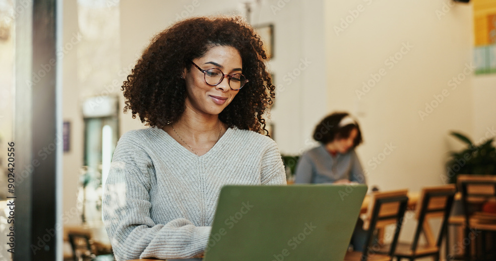 Poster remote work, pc and woman in cafe, smile and research with internet, connection and online reading. 