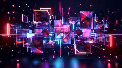 Abstract 3D holographic element with geometric shapes and neon colors on a black background