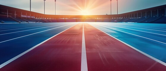 Running track at sunset with blurred stadium in the background. Generative ai.