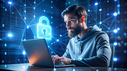 cybersecurity professional intensely working on a laptop with a digital lock graphic in a high-tech environment.An IT specialist concentrating on cybersecurity tasks with a futuristic digital lock 