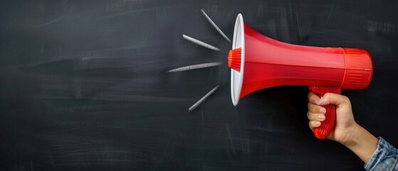 Hand holding a bright megaphone against a chalkboard background with drawn lines indicating sound. Generative ai.