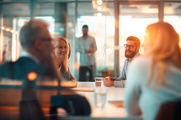 blurred business team meeting in office with smiling people in background