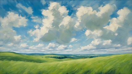 Obraz premium An oil painting depicting a vast grassland, sky, and clouds landscape.