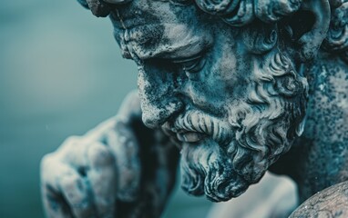 A weathered stoic male statue expresses deep thought and philosophical contemplation amidst a serene backdrop