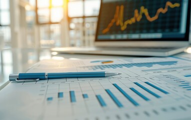 Detailed graphs and charts spread across a desk reflect the strategic planning process during a marketing session in bright office lighting
