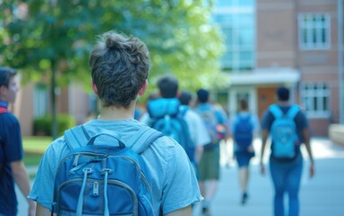 Groups of students with backpacks head towards their dormitory on a bright day, sharing conversations and excitement about campus life