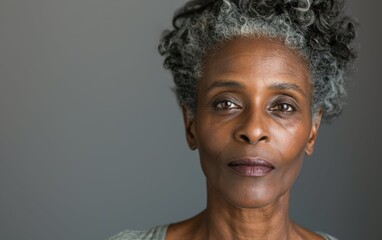 Fototapeta premium A middle-aged black woman with gray hair poses confidently, showcasing her unique beauty in a minimalist studio setting