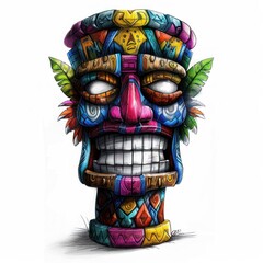 Colorful tiki mask on a white isolated background. Generative ai.