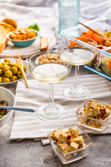 Two glasses of wine and tray with appertizers for a picnic, outdoor eating