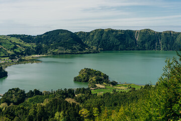 Azores - volcanic blus lake Sete Cidades, green landscape in Portugal, San Miguel