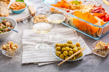 Two glasses of wine and tray with appertizers for a picnic, outdoor eating