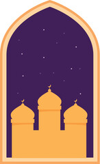 Fototapeta premium Illustration of an islamic mosque building showing at night through a window frame with a starry night