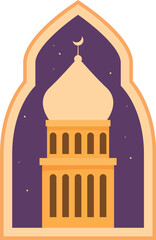 Illustration featuring an islamic mosque building at night with stars and the moon showing through an archway