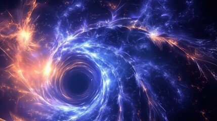 Fototapeta premium Black hole blue orange energy waves emanating abstract cosmic background event horizon universe's fabric warps swirling gas clouds particle aquatic particles