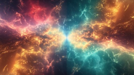 Two Colorful cosmic explosions red orange yellow light blue green teal white flames black gradient dark space background