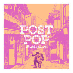 Naklejka premium Post Pop Illustration. An Artistic Exploration of a Photographer Capturing Hidden Gems in a Colorful Urban Alleyway.