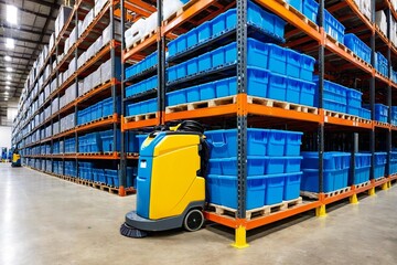 Naklejka premium A blue and yellow machine in a modern warehouse setting
