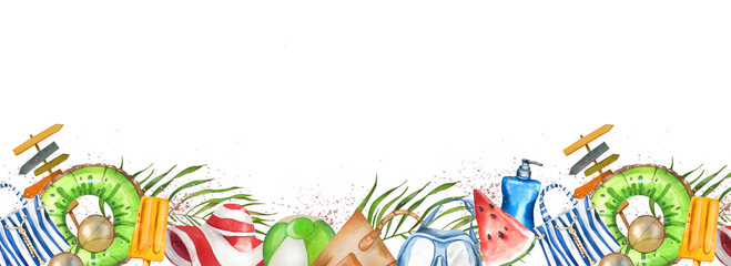 Obraz premium Seamless Banner on Beach Vacation Theme. Starfish, Hat, Kiwi Lifebuoy, Swimming Mask, Sun Cream, Pineapple, Palm Leaves. Watercolor Illustration. Design Elements Flyers, Posters, Textiles, Accessories