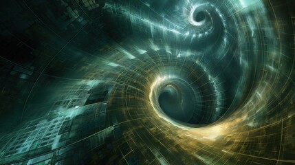 Spiral time portal digital art style dark cyan gold colors mysterious atmosphere glowing lines fantasy background science fiction elements futuristic design energy vortex effect