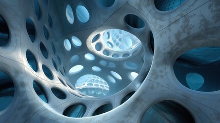 Futuristic building architectural photography rendering circular structure multiple holes concrete wall creating light shadow patterns blue tones
