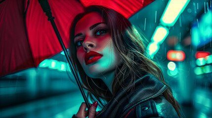 High end beautiful fashion girl with designer umbrella, metro station