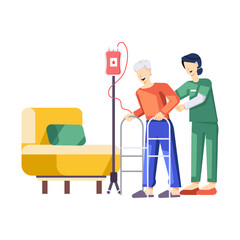 A flat style illustration of elderly patient with nurse

