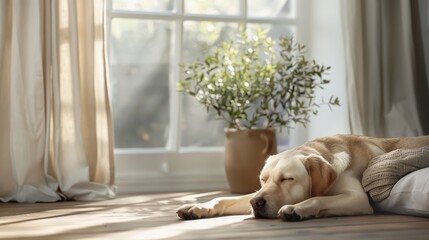 A Labrador Retriever sleeps peacefully in a sunbeam.