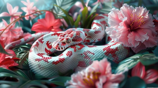 A python adorned with flowers and leaves in a fantastical jungle.