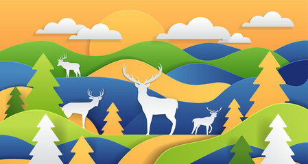 Obraz premium Deer in colorful landscape sunset hills trees clouds paper cut style