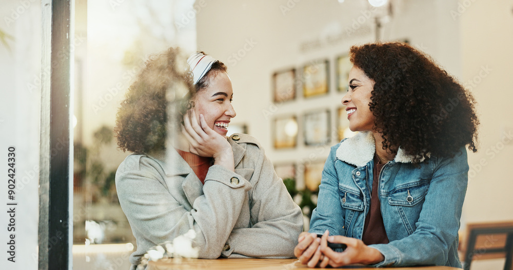 Poster Women, friends and happy at cafe for date with conversation, laughing and bonding. People, coffee shop and smile on break for fun, relax and enjoy with reunion for sisterhood, support and car