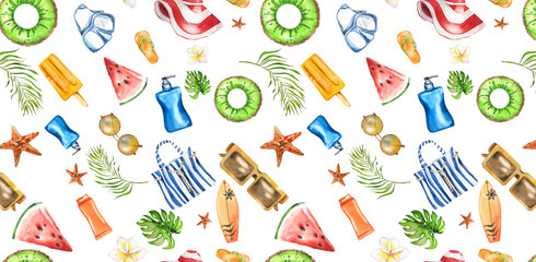Seamless Pattern on Beach Vacation Theme. Starfish, Kiwi Lifebuoy, Swimming Mask, Sun Cream, Pineapple, Palm Leaves. Watercolor Illustration. Design Elements for Flyers, Posters, Textiles, Accessories