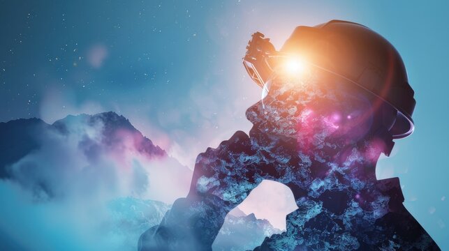 Mine coal industry, miner engineering project devotion with double exposure design. Blue color background with sunlight, mining industrial