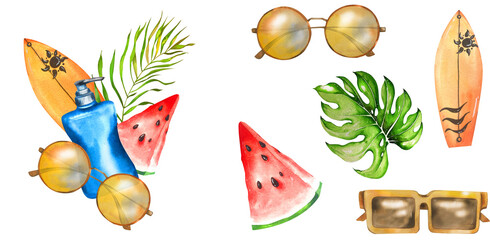 Beach Accessories Set. Sunglasses, Sun Cream, Surfboard, Watermelon, Palm. Watercolor Illustration. For Travel Agencies, Tourist Listings, Flyers, Posters, Textiles, Accessories