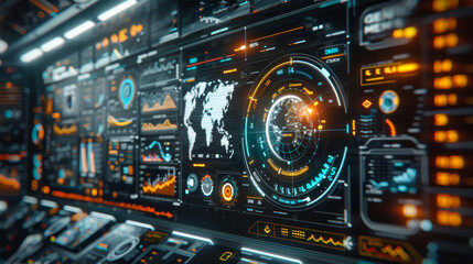 Futuristic dashboard interface with glowing graphs, world map, and digital readouts for advanced technology and data visualization.