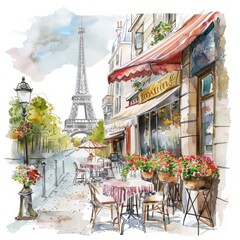 Watercolor painting of a romantic Parisian cafe with wrought iron tables, on isolated white background, Generative AI