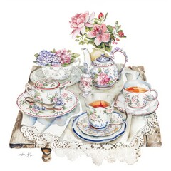 Watercolor painting of a vintage tea party with delicate china, on isolated white background, Generative AI