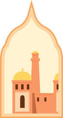 Illustration of a mosque building appearing through a traditional arabic window frame