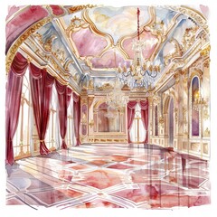 Obraz premium Watercolor painting of an opulent ballroom adorned with chandeliers, on isolated white background, Generative AI