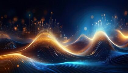 Fototapeta premium Data technology illustration. Wave with connecting dots and lines on dark background. Abstract futuristic background with gold and blue glowing neon moving high speed wave lines. Generative ai image