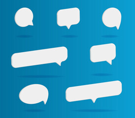 3D speech bubble icon ,Set of seven white 3D chat message,comment vector icon. Text dialog bubble label template illustration.Circle and square communication social dialogue isolate on blue Background