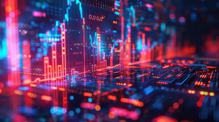 Obraz premium Price collapse, holographic business downfall, futuristic economic crisis, neon digital visualization